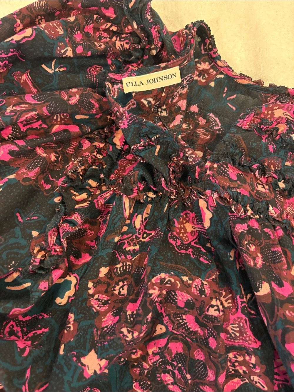 Ulla Johnson Navy and Pink Floral Puff-Sleeve Smocked Blouse
